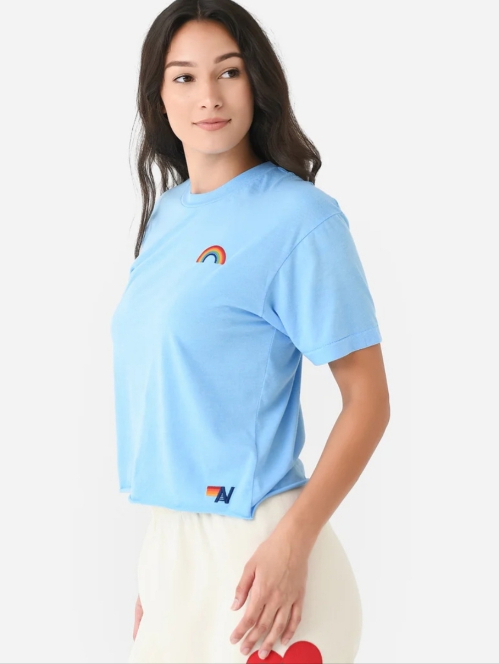 Aviator Nation sky blue boyfriend t-shirt, rainbow logo, raw hem, size large.